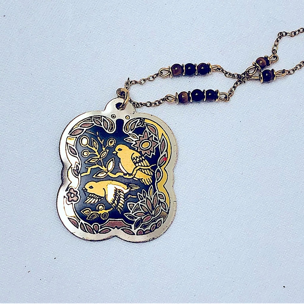 Franklin Mint Messenger of Love Pendant Cloisonné Jewelry Tiger Eye Beads 24k